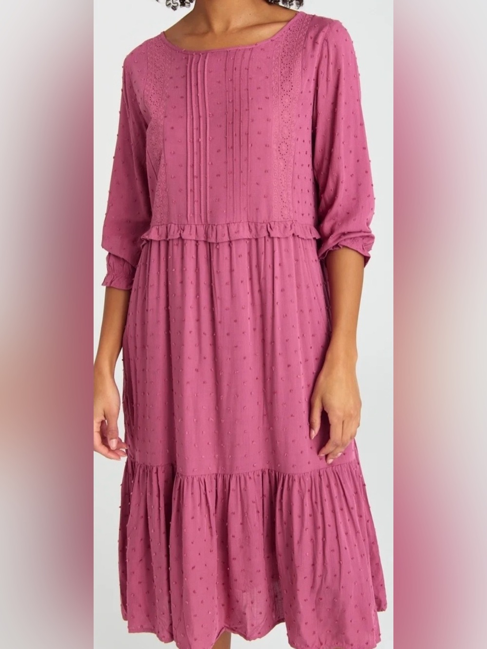 Dusty Rose Swiss Dot Tiered Long Sleeve Midi Dress 100% Viscose